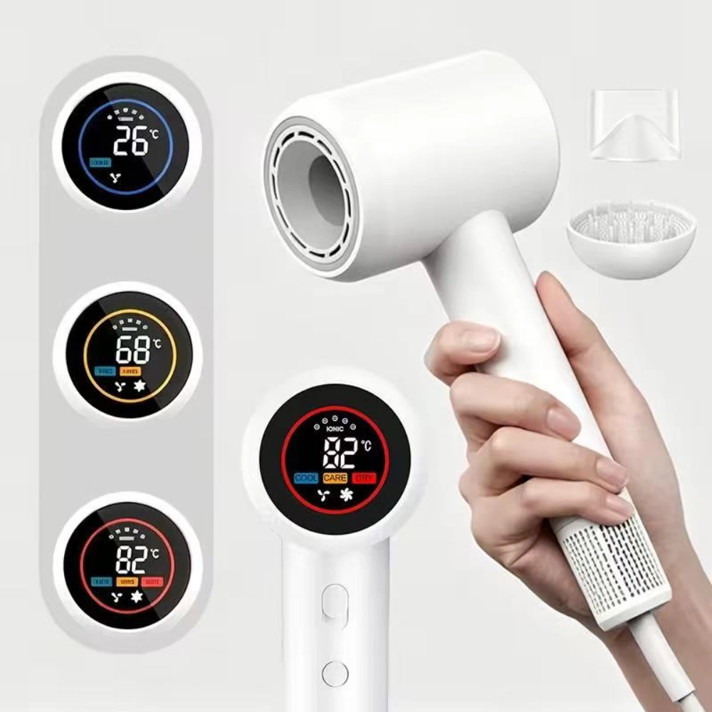 Hair dryer with display showing real time temperature control and smart drying settings
